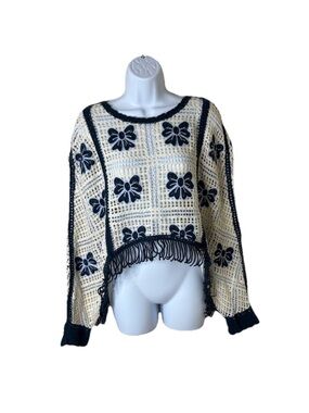 House of Harlow 1960 Revolve Crochet Fringe Poncho Bow Crop Sweater OS